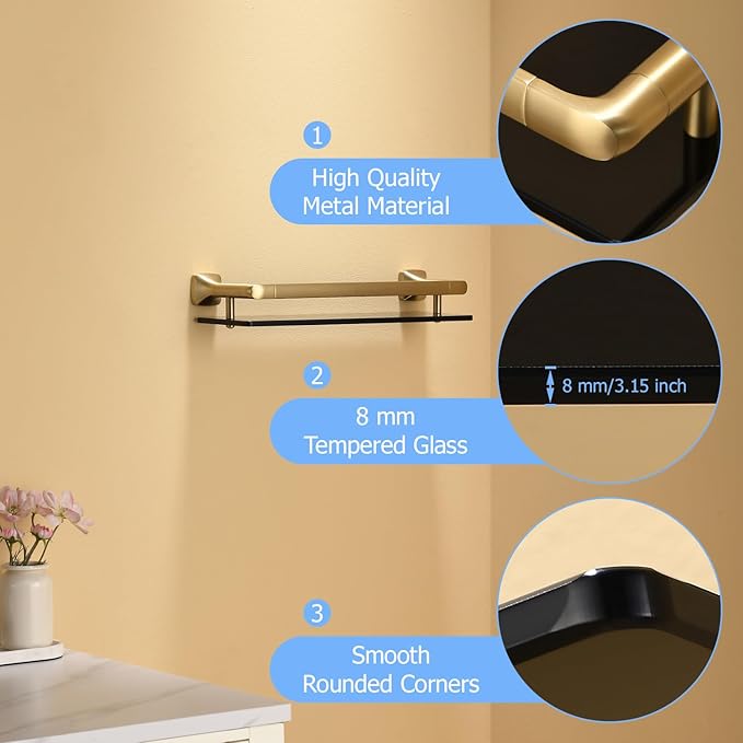 16-Inch Bathroom Glass Shelf, Rectangular Floating Shelves, Brushed Gold Wall Organizer with Black Tempered Glass & Safety Railing