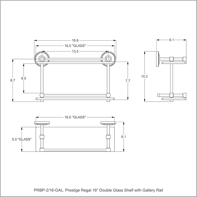 Allied Brass PRBP-2/16-GAL-GYM Prestige Regal 16 Inch Double Glass Gallery Rail Shelf, Matte Gray