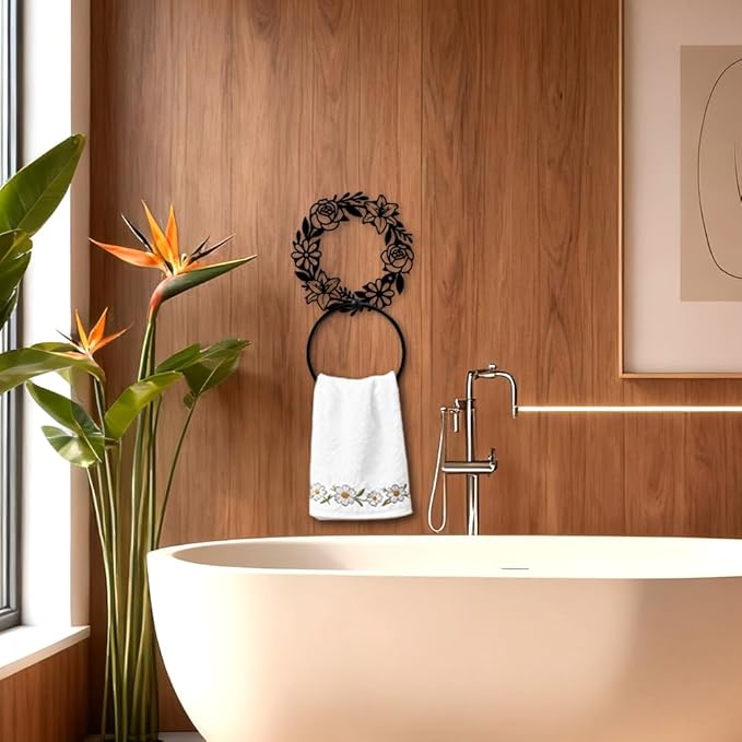 MAYJOYDIY Flower Garland Metal Towel Ring, Round Wreath Black Hand Towel Holder, Branch Leaves Hanging Ring Rose Lilies Wall Mounted Bathroom Accessories for Bathroom Kitchen Home Decoration Gift