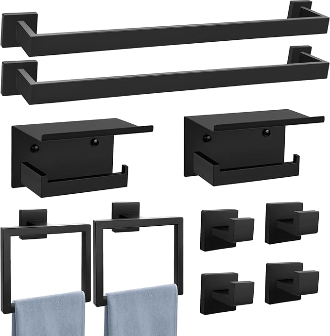 Matte Black Towel Bar Set 10-Pieces Bathroom Hardware Set,23.6 Inch Towel Bar Stainless Steel Wall-Mounted