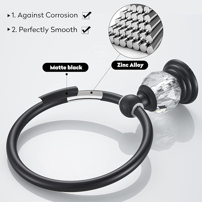 WINCASE Crystal Towel Ring, Black Hand Towel Holder, Bathroom Round Towel Hanger Racks Wall Mount Matte Black