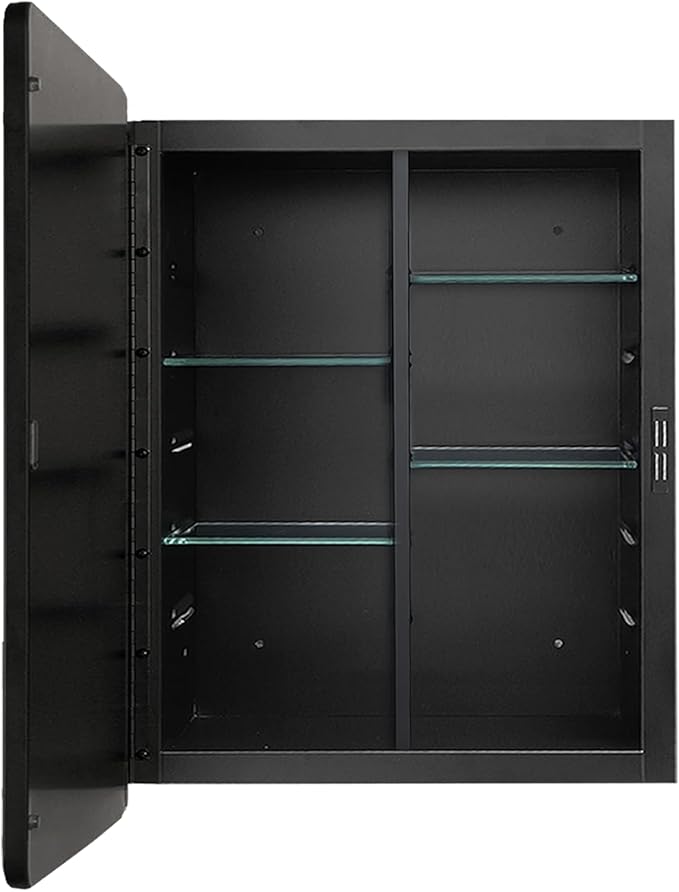 Black Medicine Cabinet 20x26 inch, Bathroom Mirror with Storage, Recessed or Wall Mounted Farmhouse Cabinets, Metal Framed Adjustable Shelves, One Door Open Left or Right