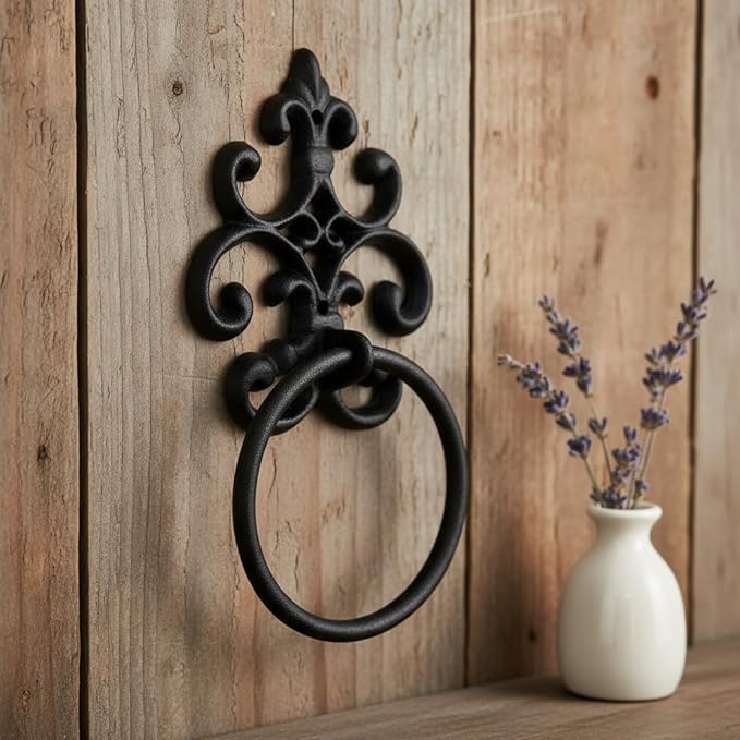 Comfy Hour Victorian Scroll Decorative Towel Ring, Heavy Duty Cast Iron Hand Towel Holder for Bathroom, Vintage Rustic Wall Mounted Metal Hanger, Aged Old Fashioned Black, 1 Unit