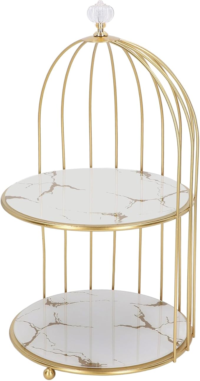 Double Layer Storage Shelf Bird Cage Organizer Display Rack for Bathroom Countertop Dressing Table Gold Frame (White Base Gold Pattern)