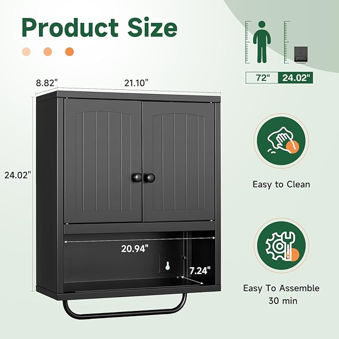 Letaya Metal Bathroom Wall Cabinet with 2 Doors,Medicine Cabinet with Towel Rack,Wall Mounted Storage Cabinet (Black)
