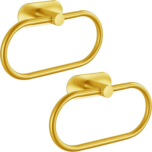 Towel Bar/Bath Towel Ring, Self Adhesive Hand Towel Ring for Bathroom, Stainless Steel Sticky Hand Towel Holder, No Drilling Modern Round Towel Hanger Wall Mounted (2 Pack, Gold)