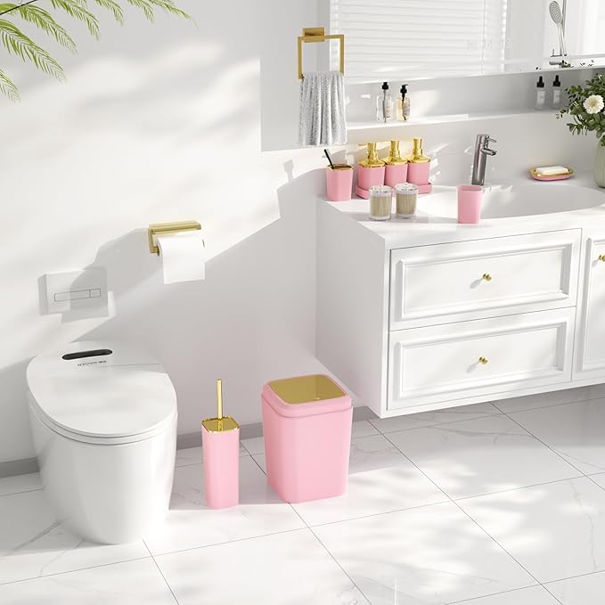 Bathroom Accessories Set - 27PC Bathroom Sets with Shower Curtain and Rugs, Pink Bathroom Set, Pink Bathroom Accessory Set with Trash Can, Toilet Brush & 3 PC Soap Dispensers