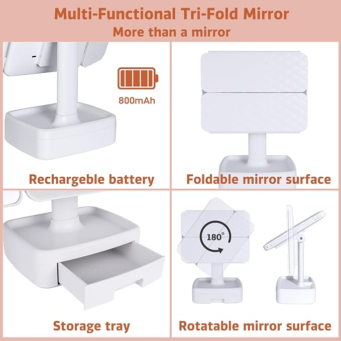 Makeup Mirror with LED Light, 1X/2X/3X Magnification, Rechargeable Vanity with Storage Box, Touch Control 3-Color Lighting, Portable Trifold Mirror, Gift for Her(White)