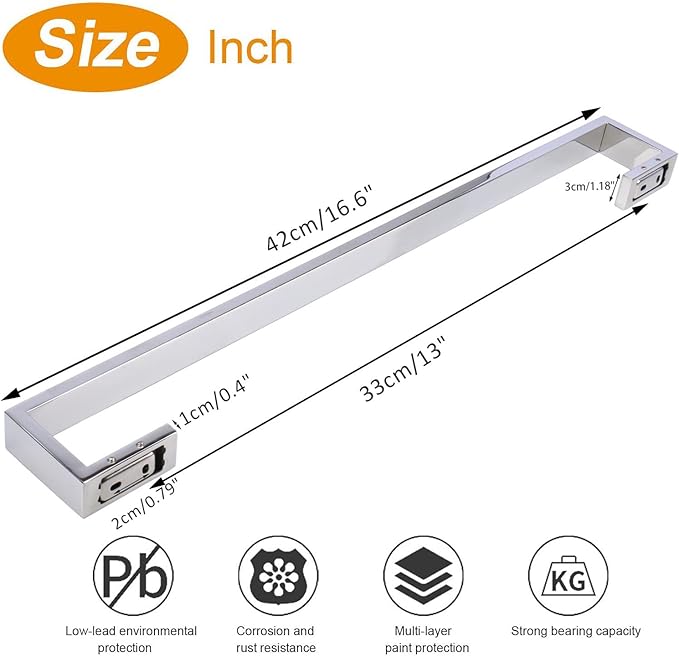 TocTen Bath Towel Rack - Square Base Thicken SUS304 Stainless Steel Towel Bar for Bathroom, Bathroom Bar Accessories Towel Rod Heavy Duty Wall Mounted Towel Holder (Polish Chrome, 16 Inch)