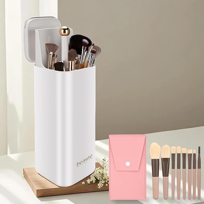 zxbaers Makeup Brush Holder with Lid with 8PCS Makeup Brushes, Dustproof Make Up Organizer, Covered Makeup brush Holder for Vanity Desktop Bathroom Countertop