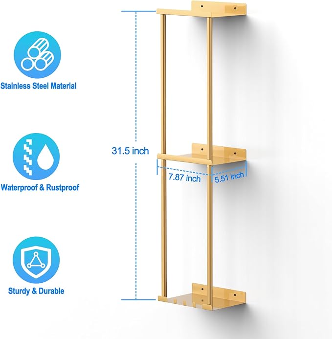 Liuoud Towel Rack for Bathroom, Wall Mounted Vertical Rolled Towel Storage Organizer Holder with Shelf, Holds Up 6 Large Bath Sheets, Gold