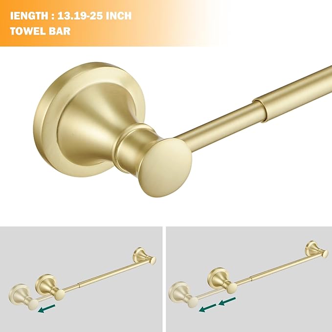 Hoimpro Brushed Gold 4-Piece Bathroom Bath Set, Wall Mount Bathroom Hardware Fixture (Adjustable Towel Bar Rack, Towel Ring Holder, Paper Towel Holder, Double Towel Hook), Bathroom Accessories
