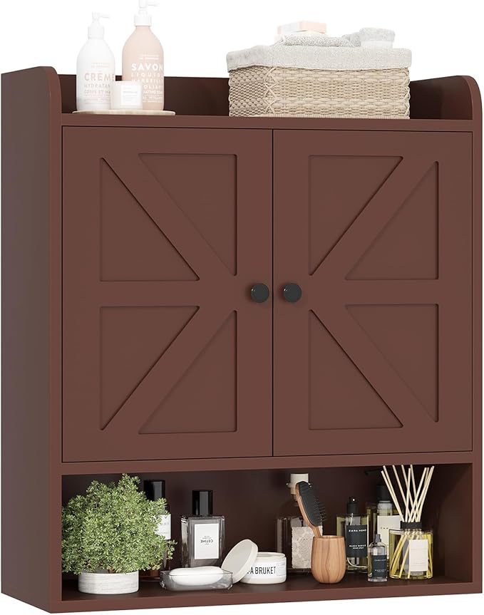 EasyCom 22" W x 26" H Bathroom Wall Cabinet, Farmhouse Medicine Cabinet with Adjustable Shelves and 2 Barn Doors, Over The Toilet Storage Cabinet for Bathroom, Kitchen, Living Room, Russet