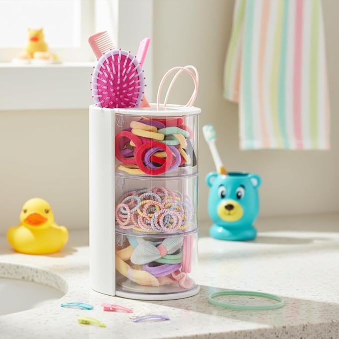3-Layer(white) Clear Hair Accessories Organizer,Hair Caddy Organizer,with Hair Brushes Holder Rotatable Small Jewelry Box for Hair Clip, Earring Necklaces, Makeup Brush, Hair Accessories.