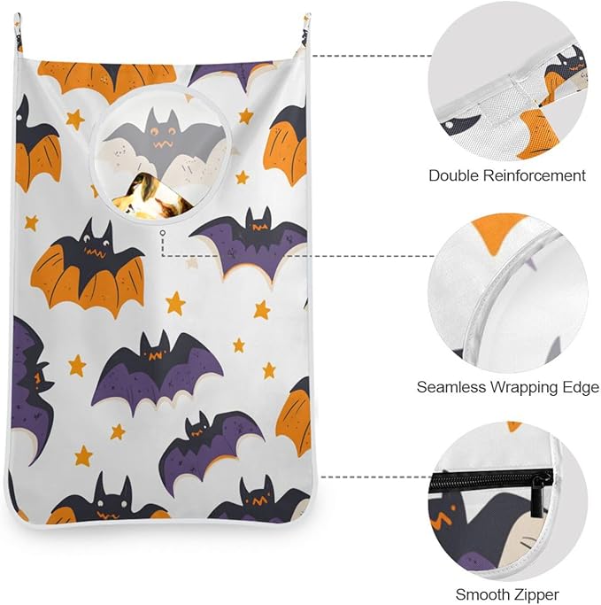 White Halloween Bats and Stars Hanging Laundry Hamper Door Hampers Bag Basket with Stainless Steel Hooks Oxford Fabric Printing Decorative Clothes Bags 29.5X20inch 2Pack