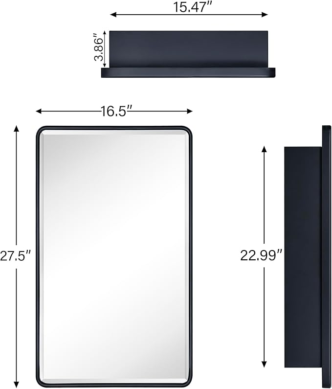 TEHOME Surface Mount 16.5x27.5'' Black Bathroom Medicine Cabinet with Mirror Matt Black Metal Framed Rounded Rectangle Medicine Cabinet with Beveled Mirror 3 Adjustable Glass Shelves