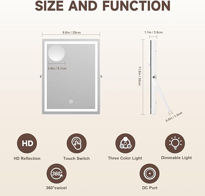 MINISO Vanity Mirror with Lights, 9.8" x 11.8" LED Makeup Mirror, Light & Brightness Adjustment, Smart Sensor, Aluminum Alloy Metal White Frame, with 5X Magnifying Glass