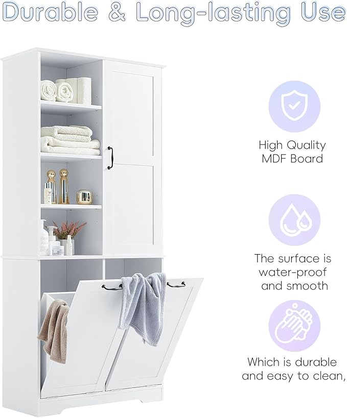Virubi Tall Laundry Hamper Cabinet with 2 Tilt Out Hamper, Wood Tall Bathroom Laundry Room Storage Cabinet with Adjustable Shelves, Freestanding (White)