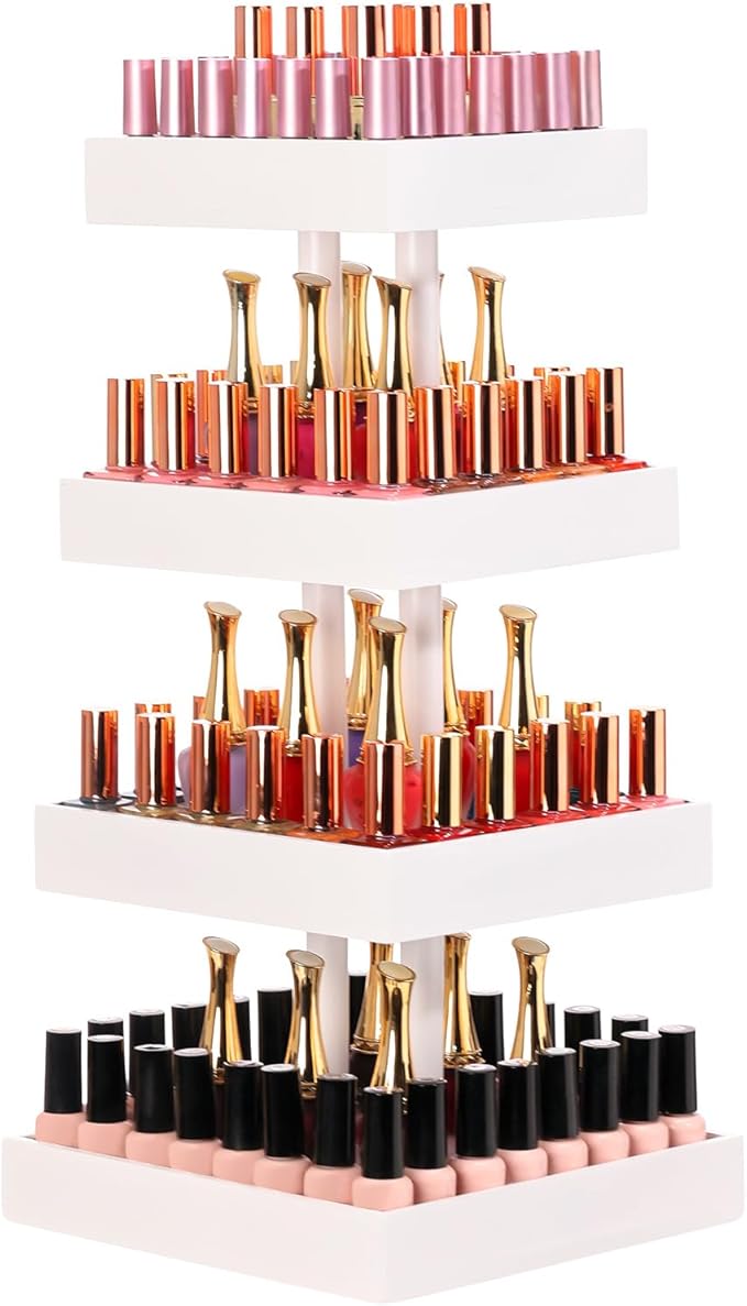 Homde Nail Polish Display Stand and Storage: 360 Degree Rotating Bamboo Rack Organizer, 4 Tier Makeup Holder for Fast Access on Countertop or Vanity for Girls & Women,White