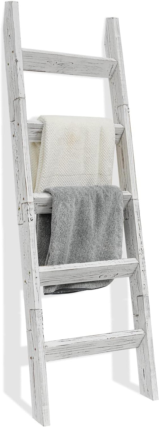 FUIN 5ft Wood Blanket Ladder Living Room Decorative Wall Leaning Farmhouse Quilt Display Holder Storage Wooden Towel Rack for Bathroom, Rustic White