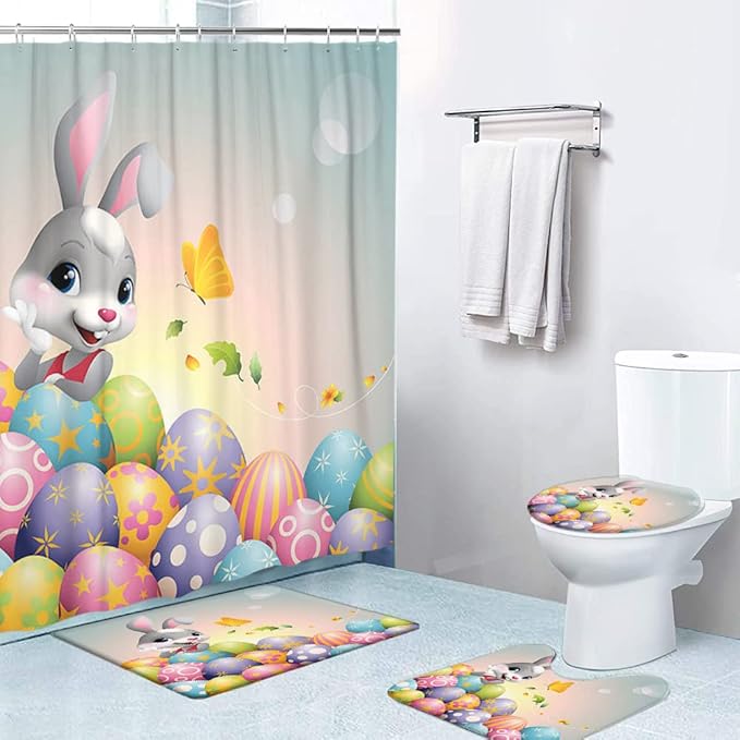 LOKMU 4 Pcs Shower Curtain Sets with Non-Slip Rugs, Toilet Lid Cover and Bath Mat,Cartoon Happy Easter Bunny Egg Waterproof Shower Curtain with 12 Hooks, Bathroom Decor Sets, 72" x 72"
