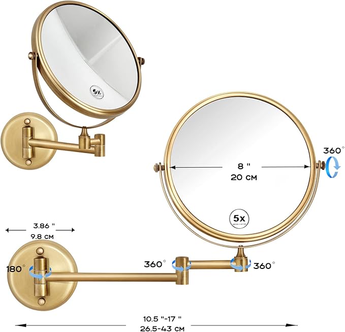 8 Inch Brass Bathroom Magnifying Mirror Wall Mounted 5X, 360 Swivel Extendable Arm Cosmetic Mirror, Home Bathroom Shaving Vanity Mirror, Brushed Antique Brass