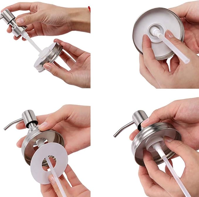 2 Pack Mason Jar Soap Dispenser Lids with Pumps, Rustproof Stainless Steel Lotion Dispenser Lids Replacement for 16 oz Regular Mouth Mason Jar Decor, 2 Brushes Included Silver