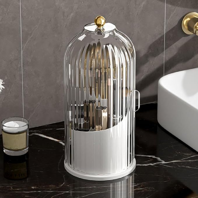 Makeup Brush Holder Organizer with Cover, 360?? Rotating Dustproof Make up Brush Holder Cosmetic Tools Organizer for Vanity, Concealed Toothbrush Holder for Bathroom Countertop