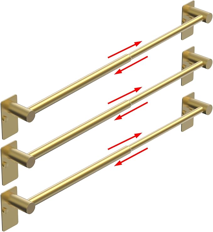 Towel Bar, 14inch to 25inch Adjustable Towel Holder Rod, Self Adhesive Wall Mounted Hand or Body Towel Rack for Bathroom Kitchen, Stainless Steel Organizer Single Bar (Gold, 3 Pack)