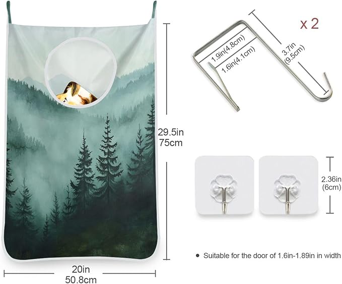 Hanging Laundry Hamper Over the Door with Stainless Steel Hooks Rack Dirty Clothes Wall Mounted Hamper Basket Bag 29.5X20inch Green Mountains and Pine Trees 3500