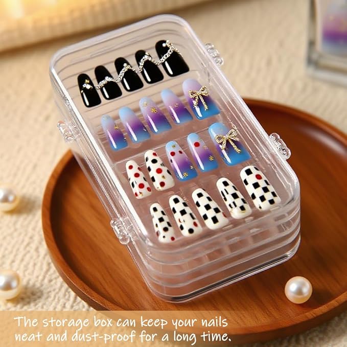Tri-Fold Portable Press on Nail Storage Box, 4-Page Clear Press on Nails Organizer Box with 30 Pcs Adhesive Double Sided Tape, Clear PET Plastic Travel Holder