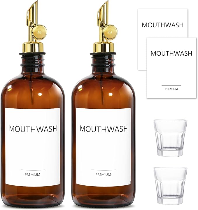 Mouthwash Dispenser for Bathroom, Glass Mouthwash Dispenser with Cup, Mouth Wash Container Bottle with Cup, Refillable Mouthwash Decanter, Amber, 2 Pack, 17oz