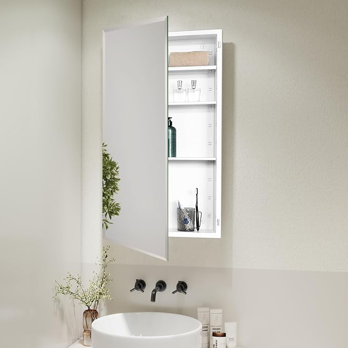 Fundin White Medicine Cabinet Recessed or Surface Mount, Bathroom Medicine Cabinet with 20 x 36 Mirror Size and Adjustable Staggered Shelves