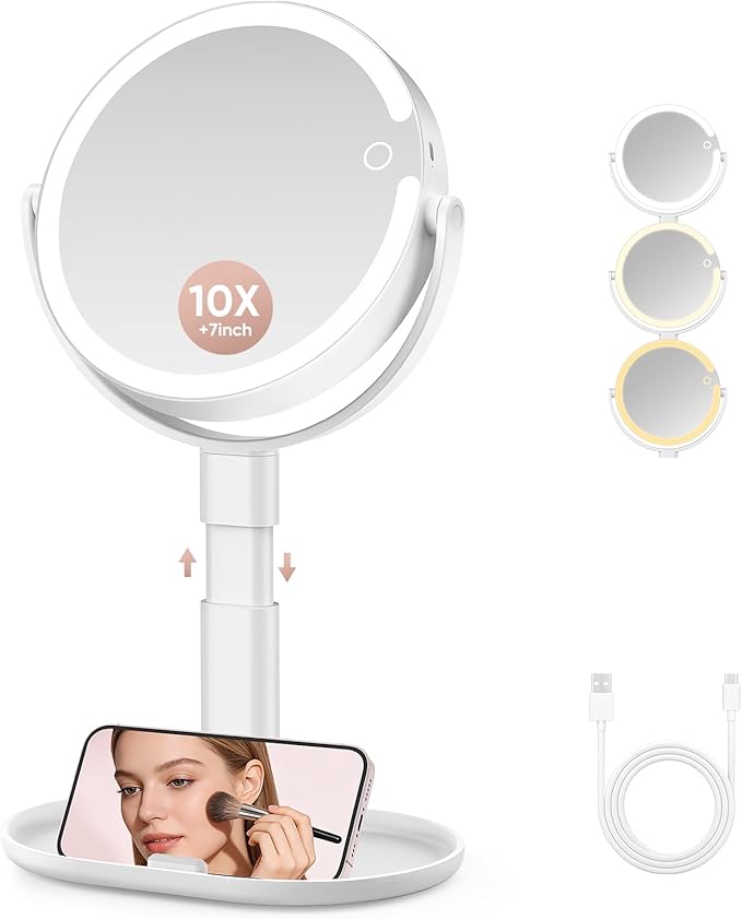 Lighted Makeup Mirror with 10X Magnification, Rechargeable LED Magnifying Vanity Mirror with 3 Lights, Adjustable Height, Storage Base and Phone Holder, White, 7 inch