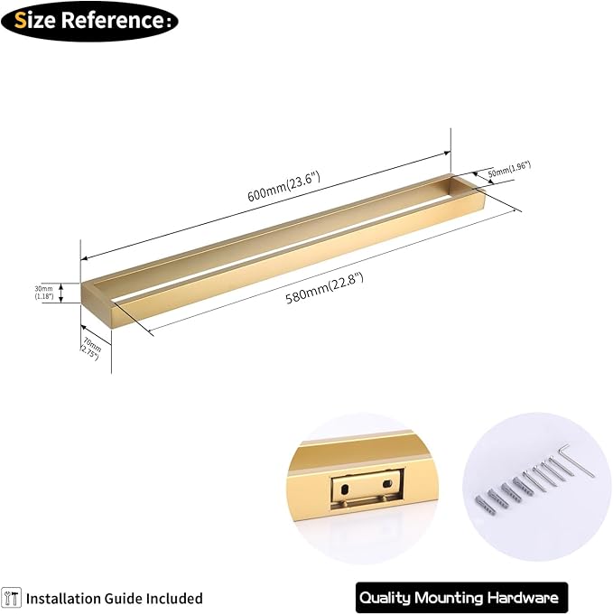 GERZWY 24-Inch Bathroom Towel Bar Stainless Steel Modern Square Style Bath Towel Bar Wall Mount Gold Finished HG1701(60)-BE