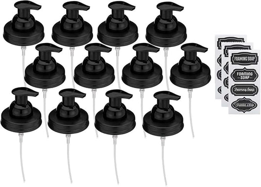 Jarmazing Products Mason Jar Foaming Soap Dispenser Lids - Includes Waterproof Stickers! Black - 12 Pack