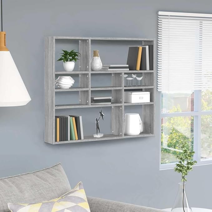 Wall Shelf with 10 Storage Compartments, Grey Sonoma Engineered Wood Floating Display Shelving Unit for Bedroom Living Room Office, 35.4 x 6.3 x 30.7 Inches