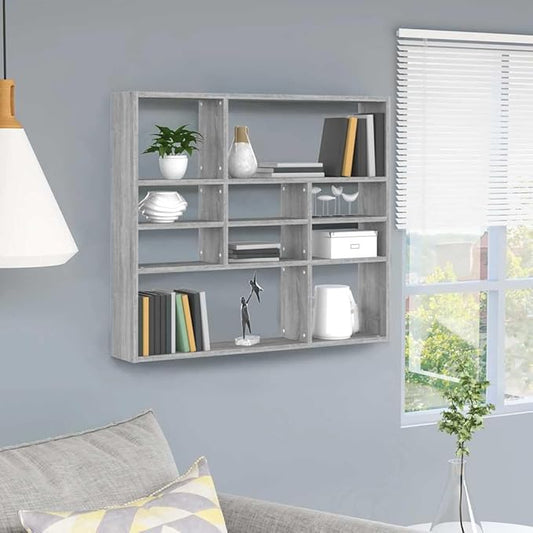 Wall Shelf with 10 Storage Compartments, Grey Sonoma Engineered Wood Floating Display Shelving Unit for Bedroom Living Room Office, 35.4 x 6.3 x 30.7 Inches