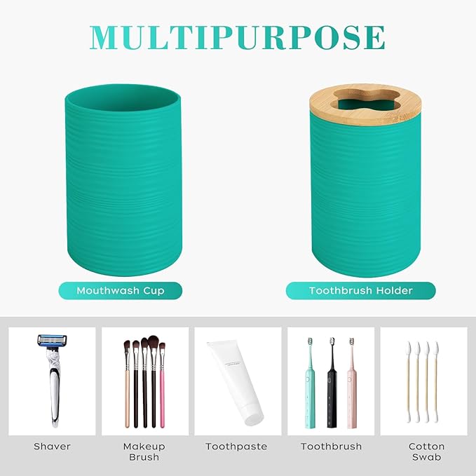 4 PCS Teal Bathroom Accessories Set, Includes a Soap Dispenser, Toothbrush Holder, Soap Dish and Mouthwash Cup, Plastics & Bamboo Bathroom Set, Bohemian Style Bathroom Sink Set