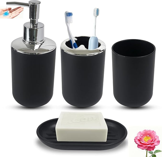 Matte Black Bathroom Accessories Set, 4 Piece Plastic Bathroom Toothbrush Holder Set, Include Soap Dispenser, Toothbrush Holder, Rinse Cup, Soap Dish, Boho Black Bathroom Decor for Home, Bathroom Set
