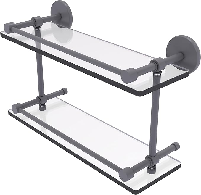 Allied Brass P1000-2/16-GAL-GYM 16 Inch Tempered Double Glass Gallery Rail Shelf, Matte Gray