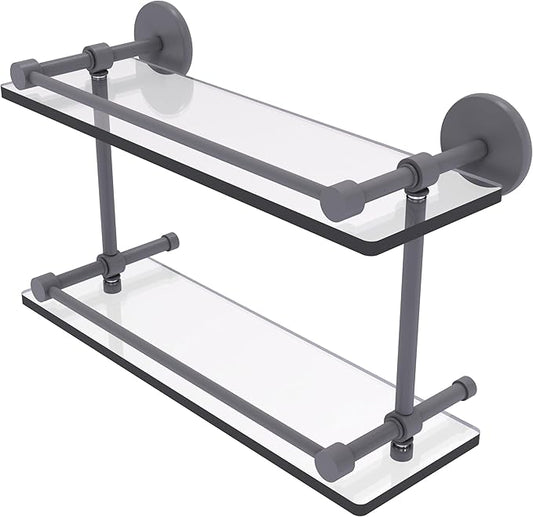 Allied Brass P1000-2/16-GAL-GYM 16 Inch Tempered Double Glass Gallery Rail Shelf, Matte Gray