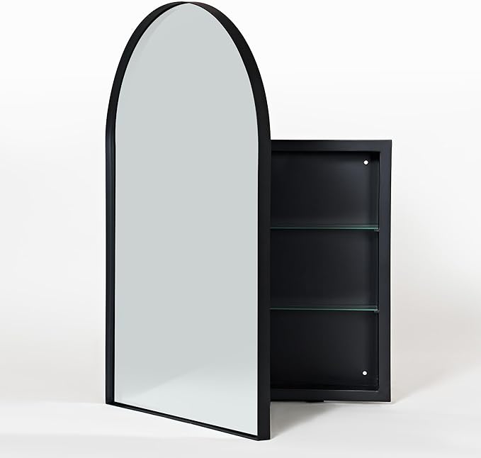 SogesHome 3-Tier Medicine Cabinet with Shelf, Wall Mounted Recessed Decro Vanity Storage Mirror Cabinet for Bathroom, Bedroom, (Arched, Black)
