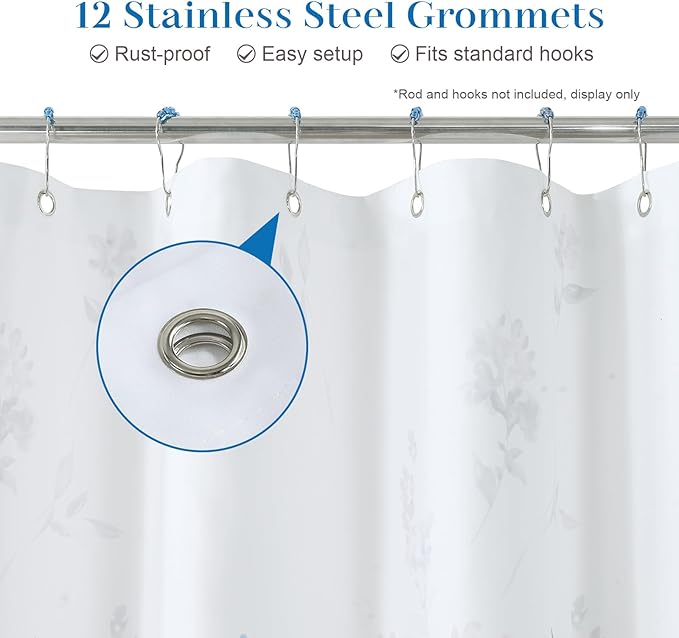 Blue Gray Floral Fabric Shower Curtain, Watercolor Flower Plant Shower Curtain, Waterproof Decorative Boho Botanical Bathroom Curtains, 72" W x 72" H