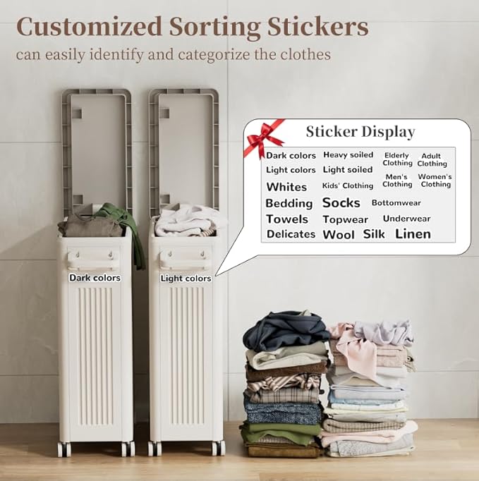 HAIXIN HOME Slim Laundry Hamper with Lid, 50L Plastic Tall Laundry Basket with Wheels, Compact Size for Narrow Space, Rolling Laundry Cart with Handle for Easy Transport to Laundry Room