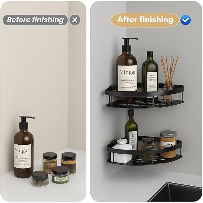 Self Adhesive Aluminum Corner Shelf for Bathroom & Kitchen | Wall Mounted Storage Rack Organizer | No Drilling Bathroom Accessories Holder (Black,Pack of 2)