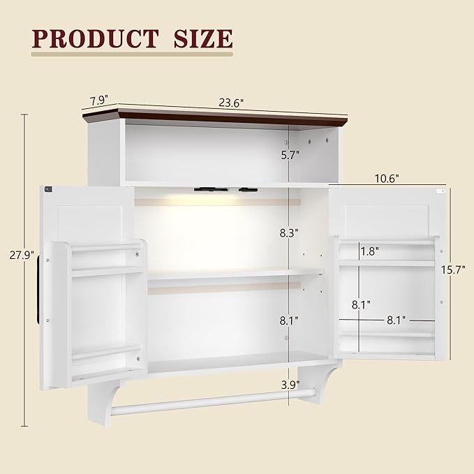 VECELO Bathroom Wall Cabinet with Motion Sensor LED Light, Farmhouse Medicine Cabinets with Open and Hidden Storage Space, Wall Mounted Storage Cabinet with Towels Bar for Bathroom, Kitchen, White
