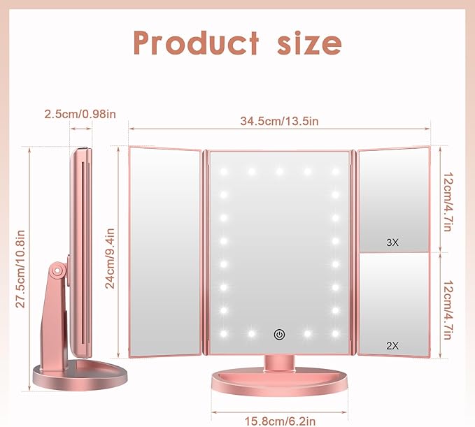 CZW Trifold Makeup Vanity Mirror with 36 Dimmable Lights, Dual Power LED Lighted Portable Cosmetic 2X/3X Magnification Mirrors