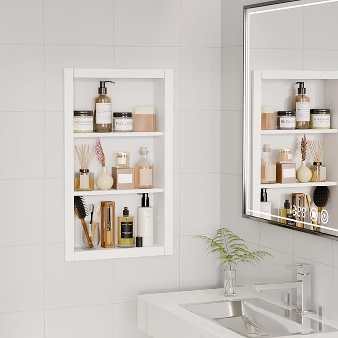 14'' * 24'' Recessed Medicine Cabinet Wall Niche Wood, 3-Tier Bathroom Niche Insert for Drywall, in Wall Shelf Medicine Cabinets Replacement, for Living Room, Bathroom Storage, White