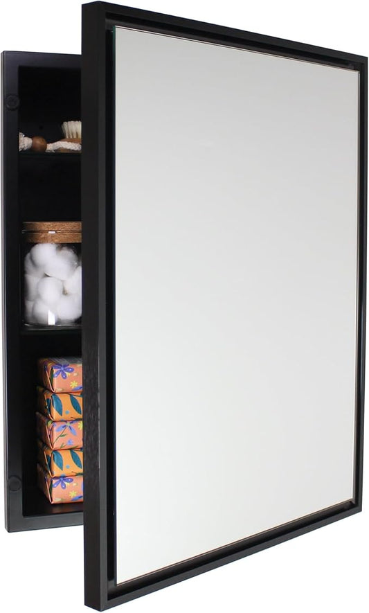 Fox Hollow Furnishings 16x20 Parker Metro Metal Framed Rectangle Recessed Bathroom Medicine Cabinet, Floating Mirror, 14x18 in-Wall Opening, Steel, Adjustable Glass Shelves, Magnet Close, Black